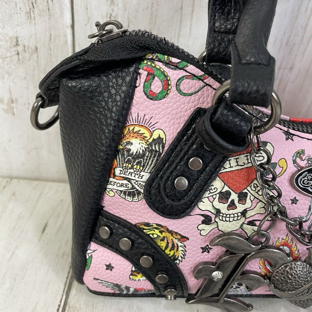 Ed Hardy Pink/Black Skull Tattoo Satchel Purse Studded Embroidered Zip Charm NWT - Picture 3 of 13